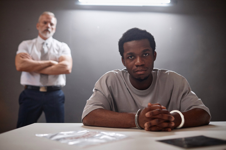 police officer is stand to the back of the criminal in the table